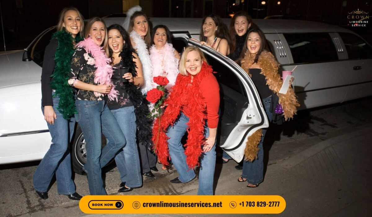 stretch limousine with a group of people standing besides