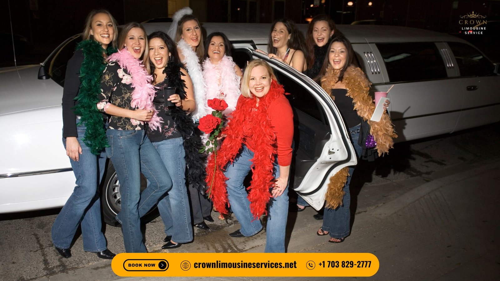 stretch limousine with a group of people standing besides