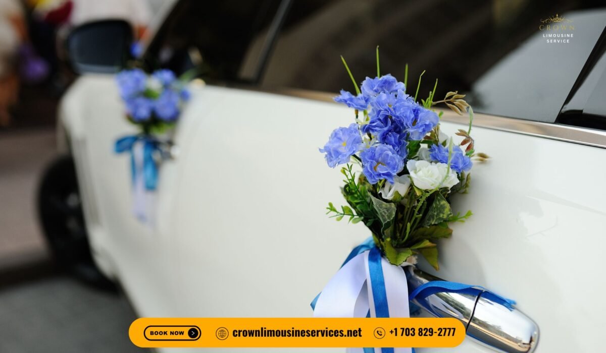 A stylish white stretch limousine decorated with flowers