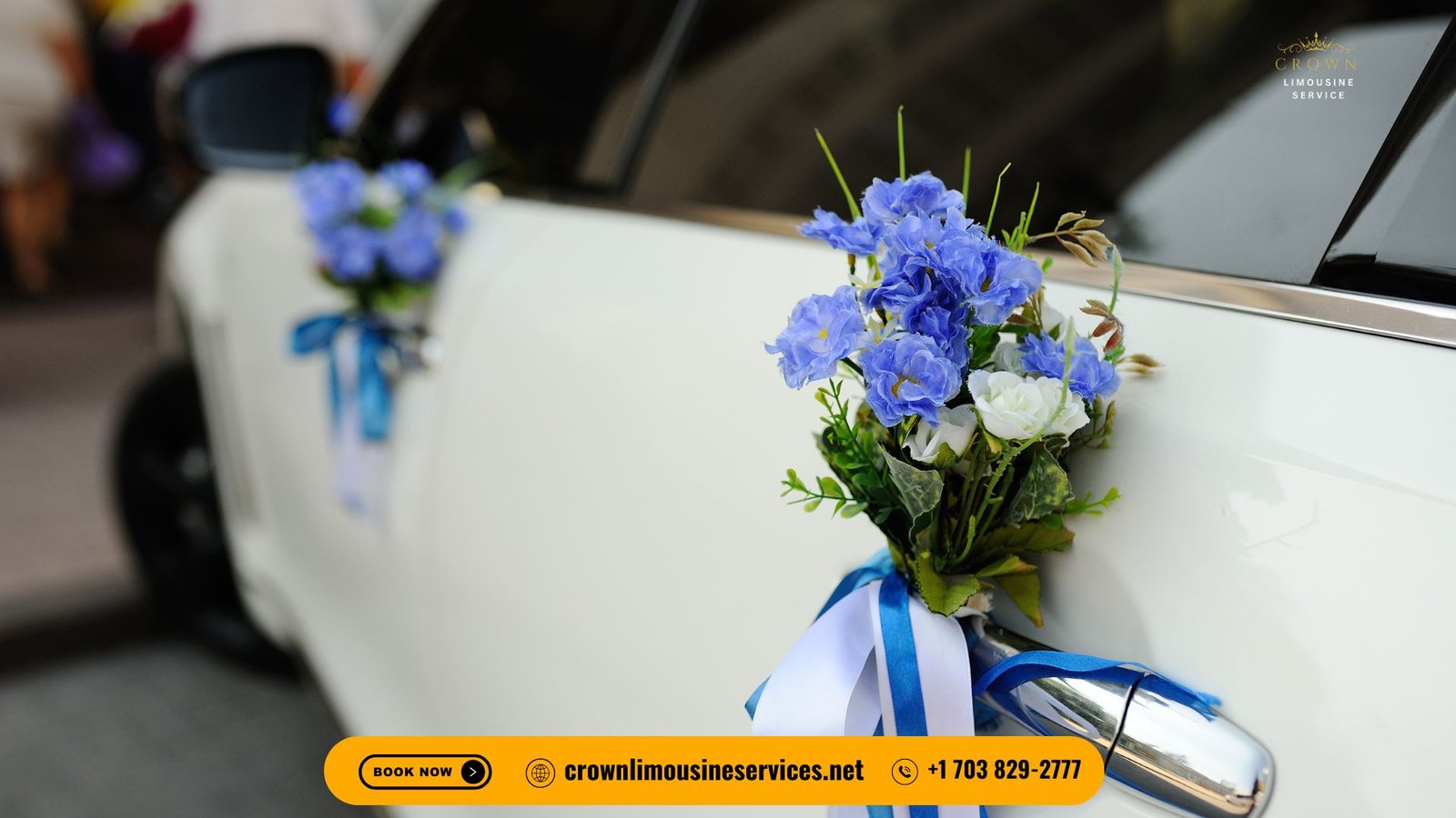 A stylish white stretch limousine decorated with flowers