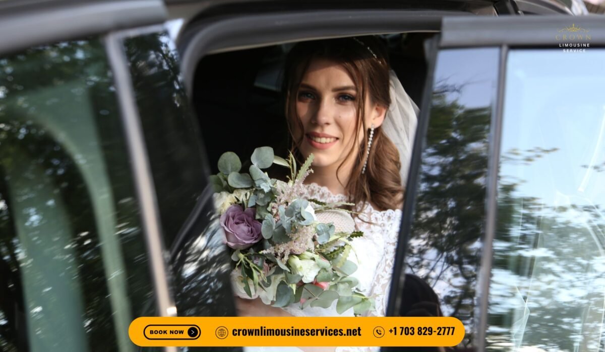Luxury black town car decorated for a wedding outside a venue in Alexandria, VA