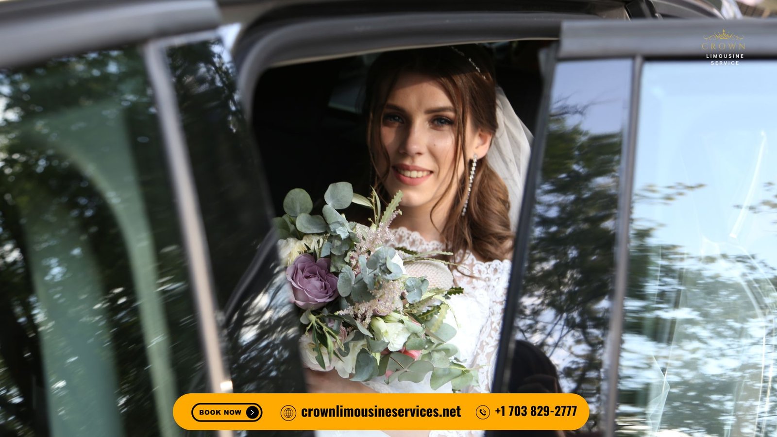 Luxury black town car decorated for a wedding outside a venue in Alexandria, VA