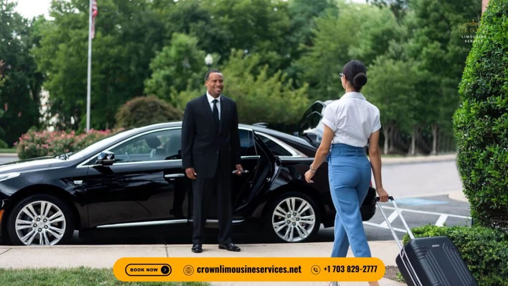 Professional chauffeur in a black suit assists a female traveler with her luggage beside a luxury black car with the trunk open, surrounded by lush greenery, promoting Crown Limousine Services with visible branding and contact details.