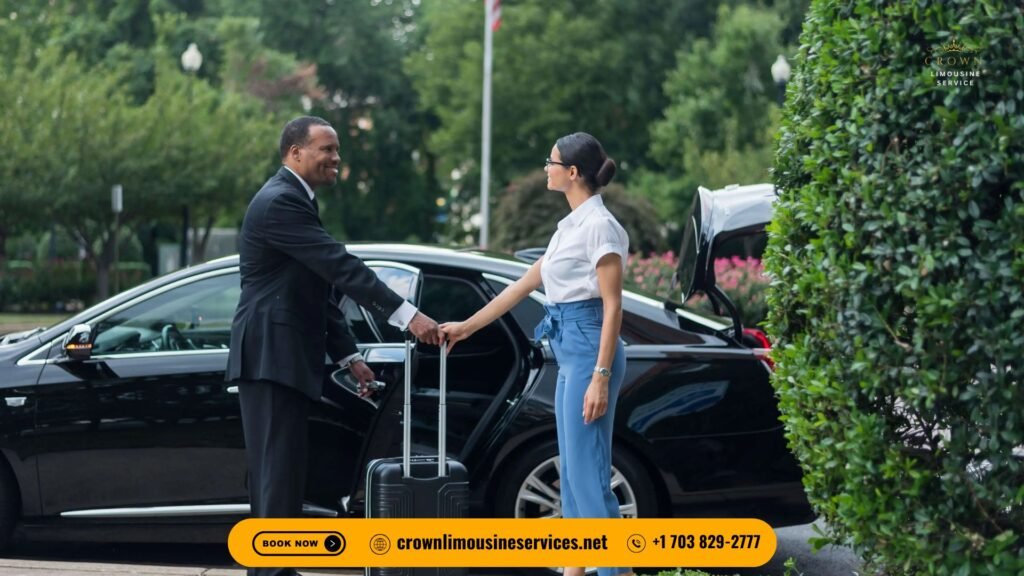 Professional chauffeur in a black suit stands beside a luxury black car with the trunk open, ready to assist a female passenger walking toward the vehicle with a suitcase, greenery and a flagpole in the background, Crown Limousine branding and contact details displayed.
